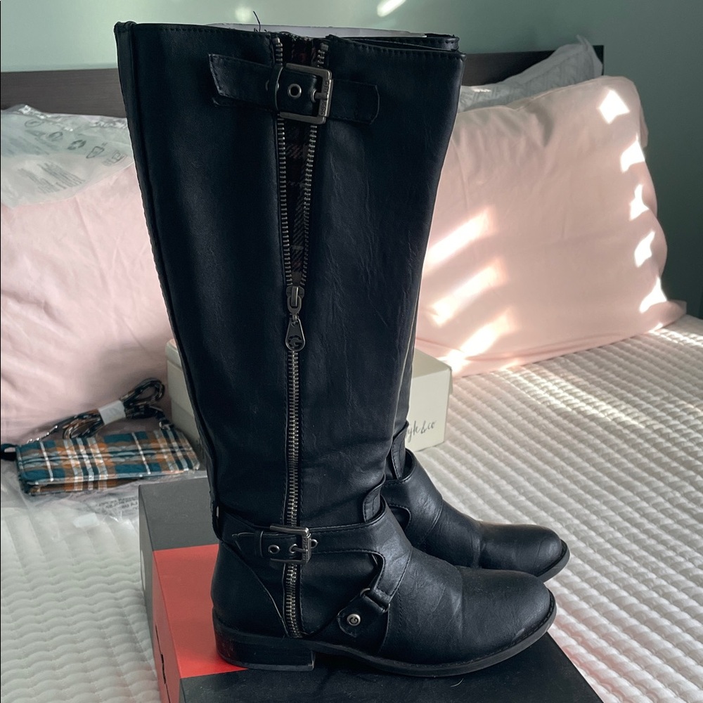 G by Guess Hertle Black Tall Wide calf Boots with Zipper and Buckle Accents